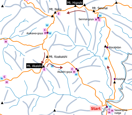 sample hiking route of Mt. Higashi and Mt. Akaishi